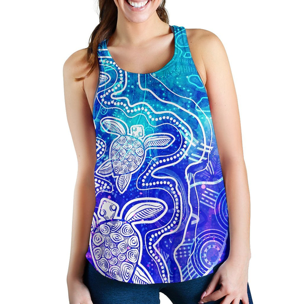 Aboriginal Women's Racerback Tank - Sea Turtle With Indigenous Patterns (Blue) - Vibe Hoodie