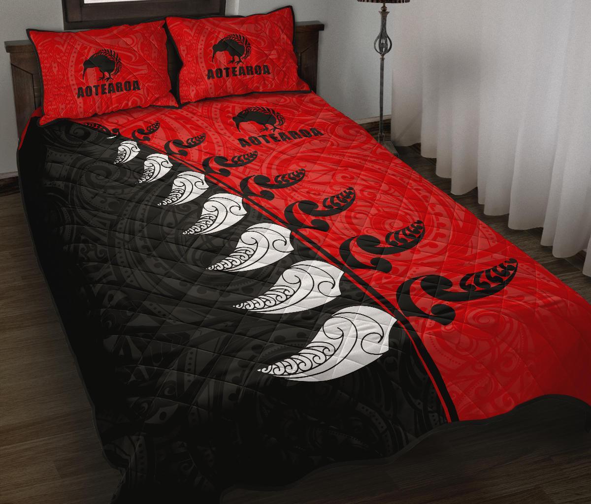 quilt-bed-set-nz-aotearoa-silver-fern-koru-style-red