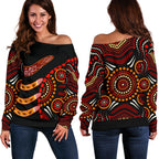 Aboriginal Women's Off Shoulder Sweater - Aboriginal Boomerangs With Dot Painting Pattern - Vibe Hoodie