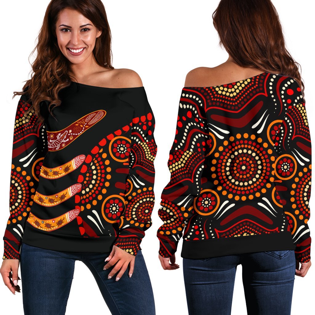 Aboriginal Women's Off Shoulder Sweater - Aboriginal Boomerangs With Dot Painting Pattern - Vibe Hoodie