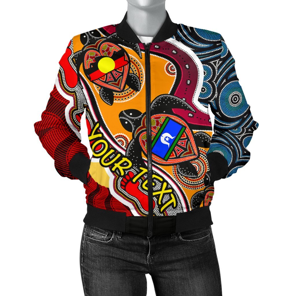custom-womens-bomber-jacket-australia-aboriginal-dots-with-turtle-and-naidoc-flags