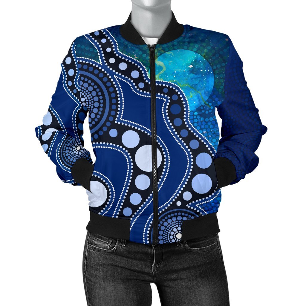 aboriginal-womens-bomber-jacket-australia-indigenous-flag-circle-dot-painting-art-blue
