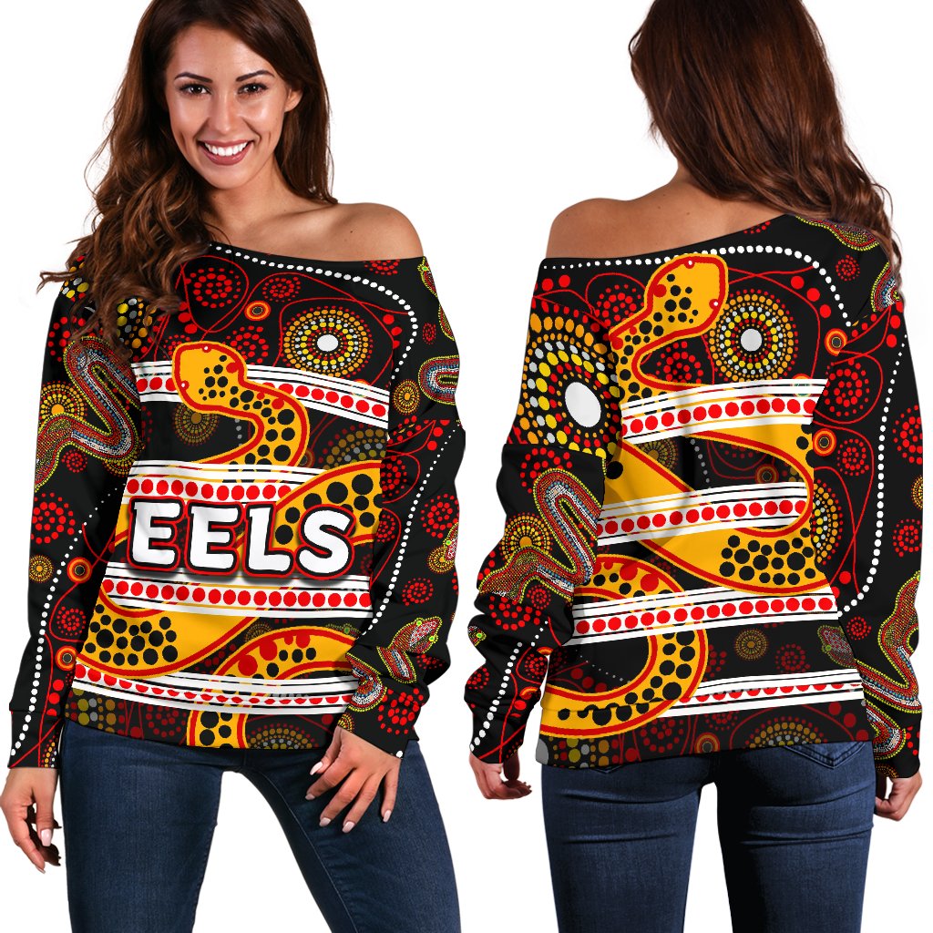 Parramatta Eels Women's Off Shoulder Sweater Tribal Style Black - Vibe Hoodie