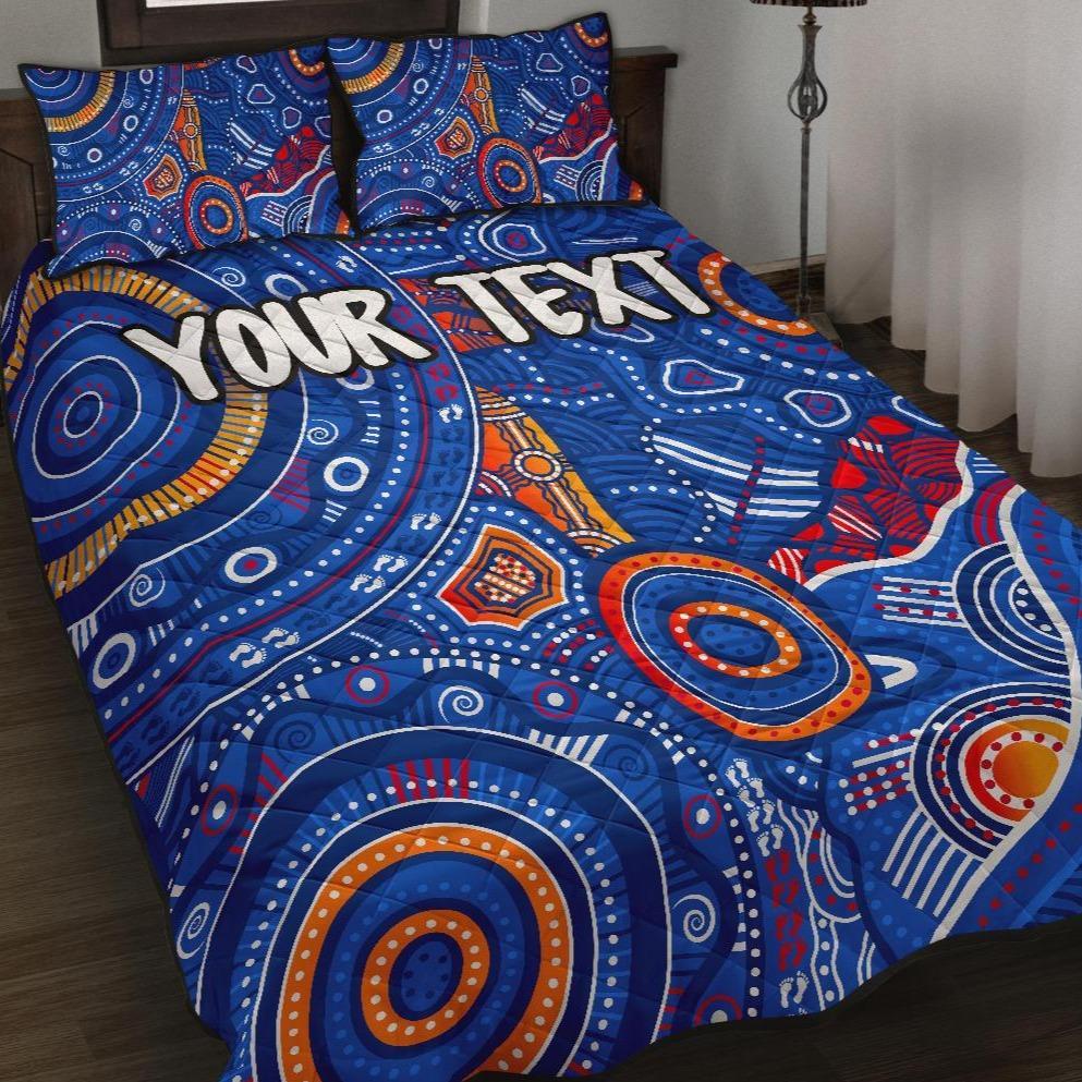 custom-text-aboriginal-quilt-bed-set-indigenous-footprint-patterns-blue-color
