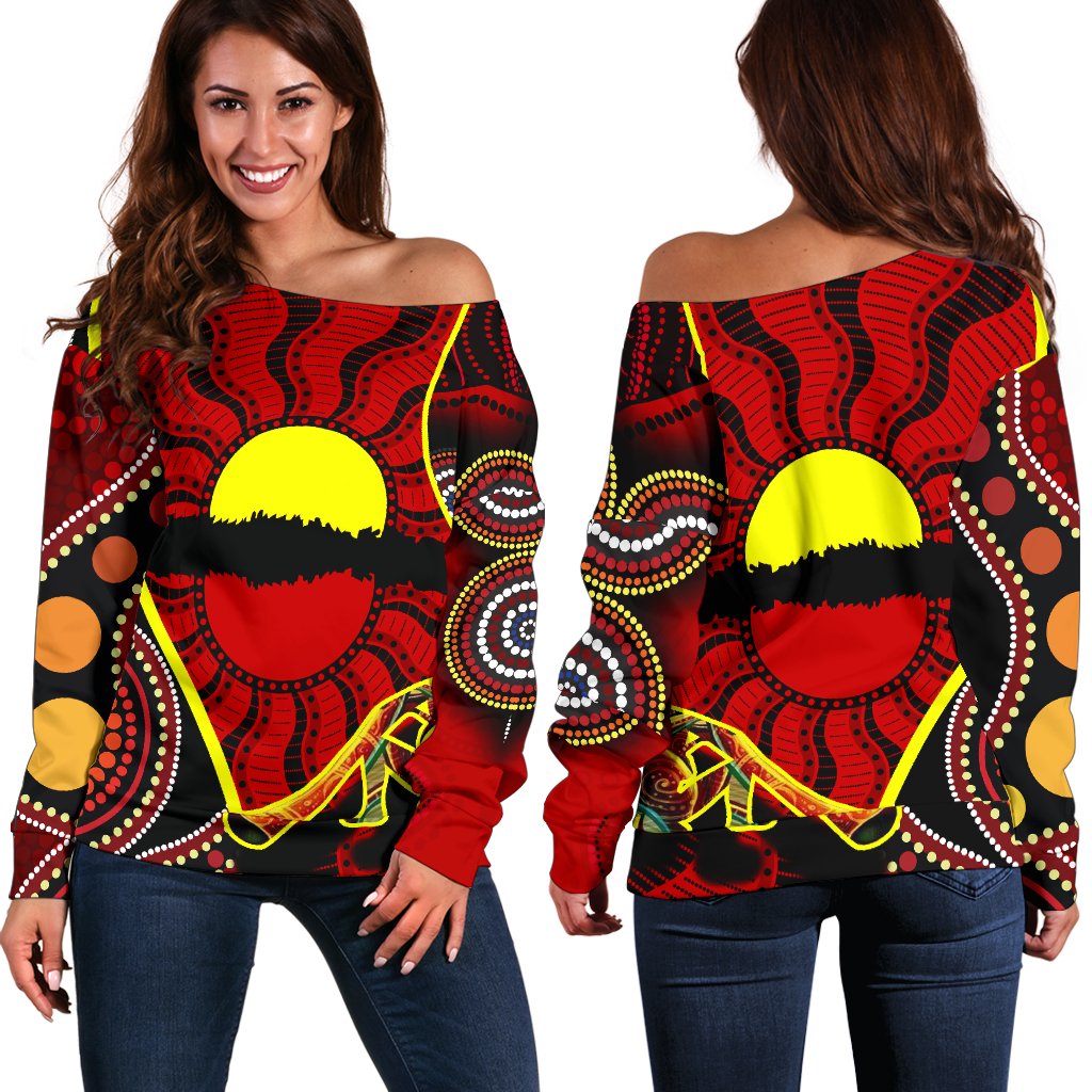 Off Shoulder Sweater - Australia Aboriginal Dots With Didgeridoo - Vibe Hoodie