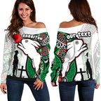 (Custom Personalised) Rabbitohs Women's Off Shoulder Sweater Indigenous Anzac Day - Vibe Hoodie