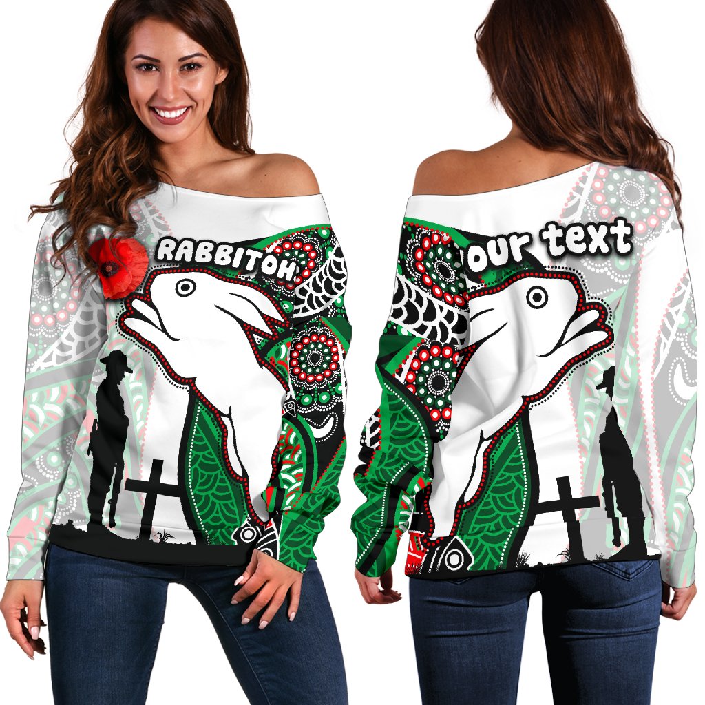 (Custom Personalised) Rabbitohs Women's Off Shoulder Sweater Indigenous Anzac Day - Vibe Hoodie