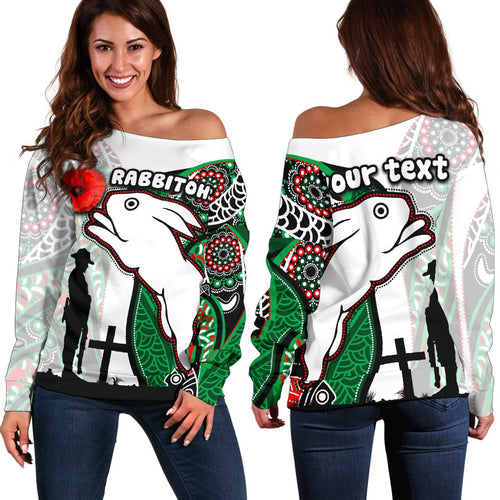 (Custom Personalised) Rabbitohs Women's Off Shoulder Sweater Indigenous Anzac Day - Vibe Hoodie