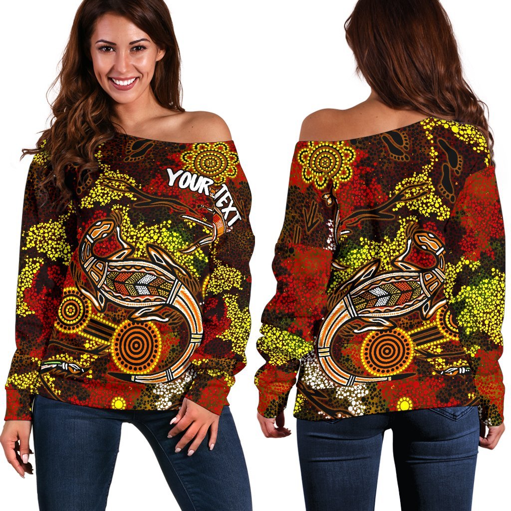 [Custom] Aboriginal Women's Off Shoulder Sweater , Kangaroo and Lizard Dot Painting Art - Vibe Hoodie