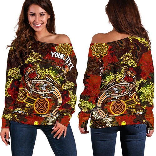 [Custom] Aboriginal Women's Off Shoulder Sweater , Kangaroo and Lizard Dot Painting Art - Vibe Hoodie
