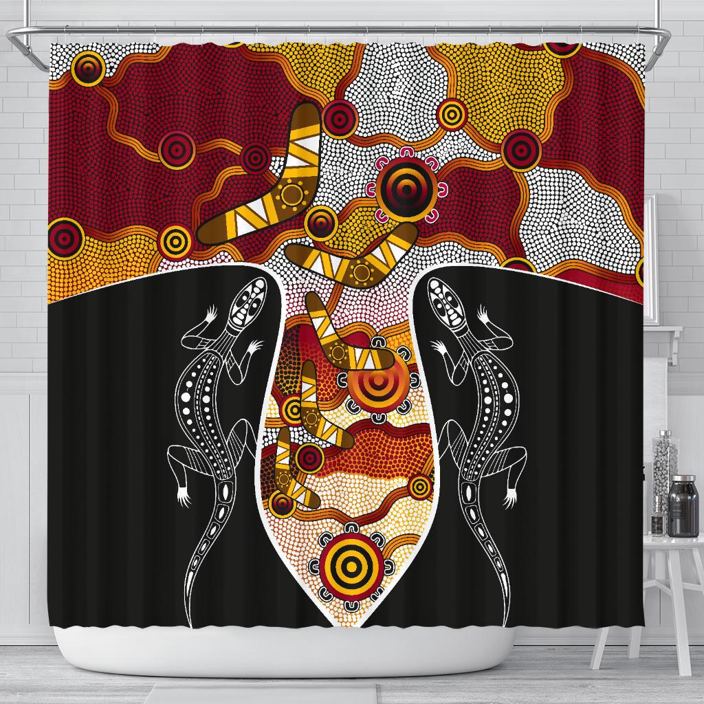 aboriginal-shower-curtain-dot-painting-lizard-boomerang-shower-curtain