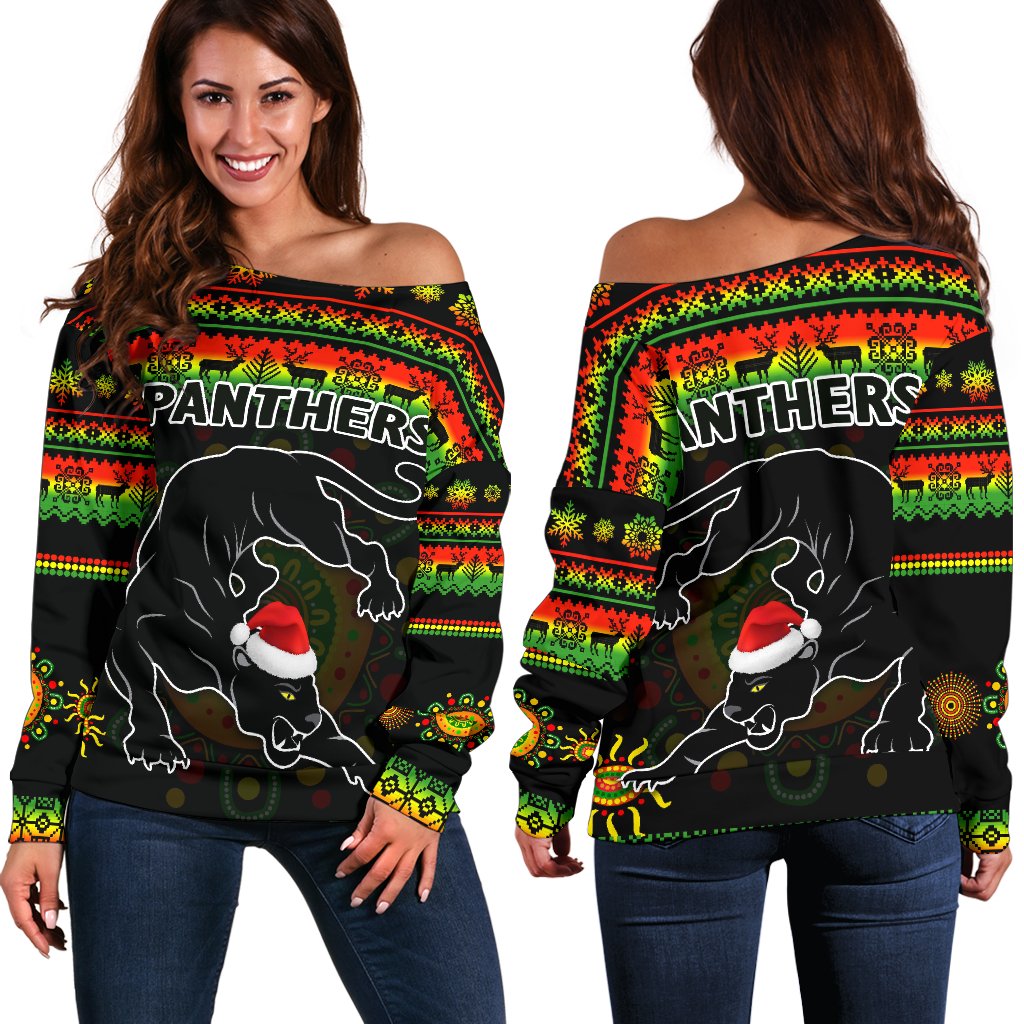 Penrith Panthers Christmas Women's Off Shoulder Sweater Indigenous - Vibe Hoodie