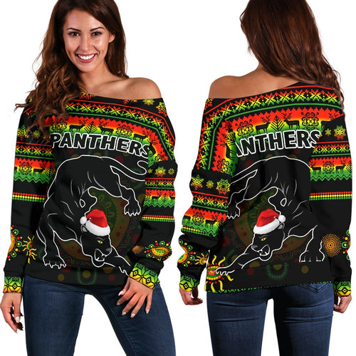 Penrith Panthers Christmas Women's Off Shoulder Sweater Indigenous - Vibe Hoodie