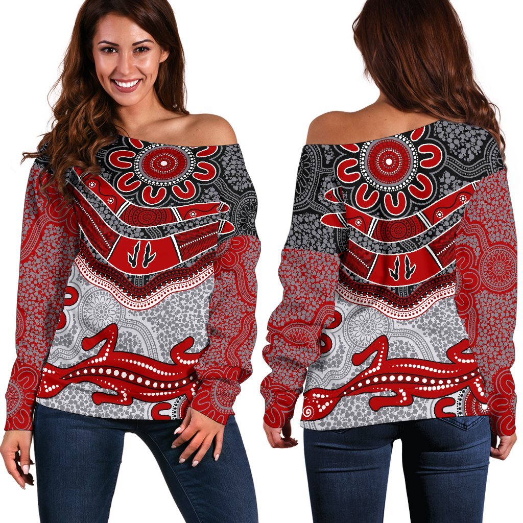 Aboriginal Women's Off Shoulder Sweater - Indigenous Boomerang and Lizard Art - Vibe Hoodie