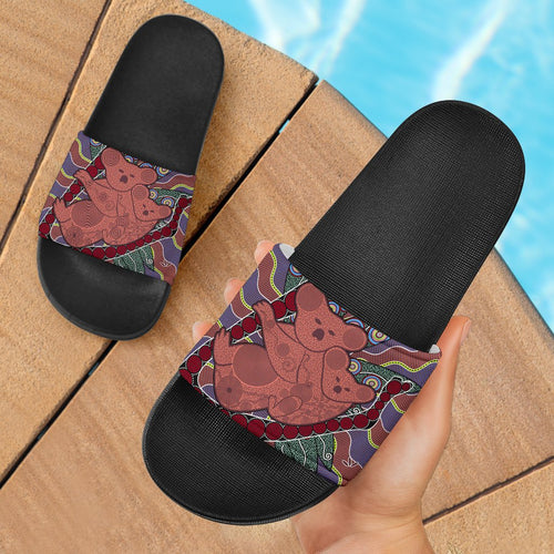 aboriginal-slide-sandals-koala-sun-dot-painting-circle-patterns-black