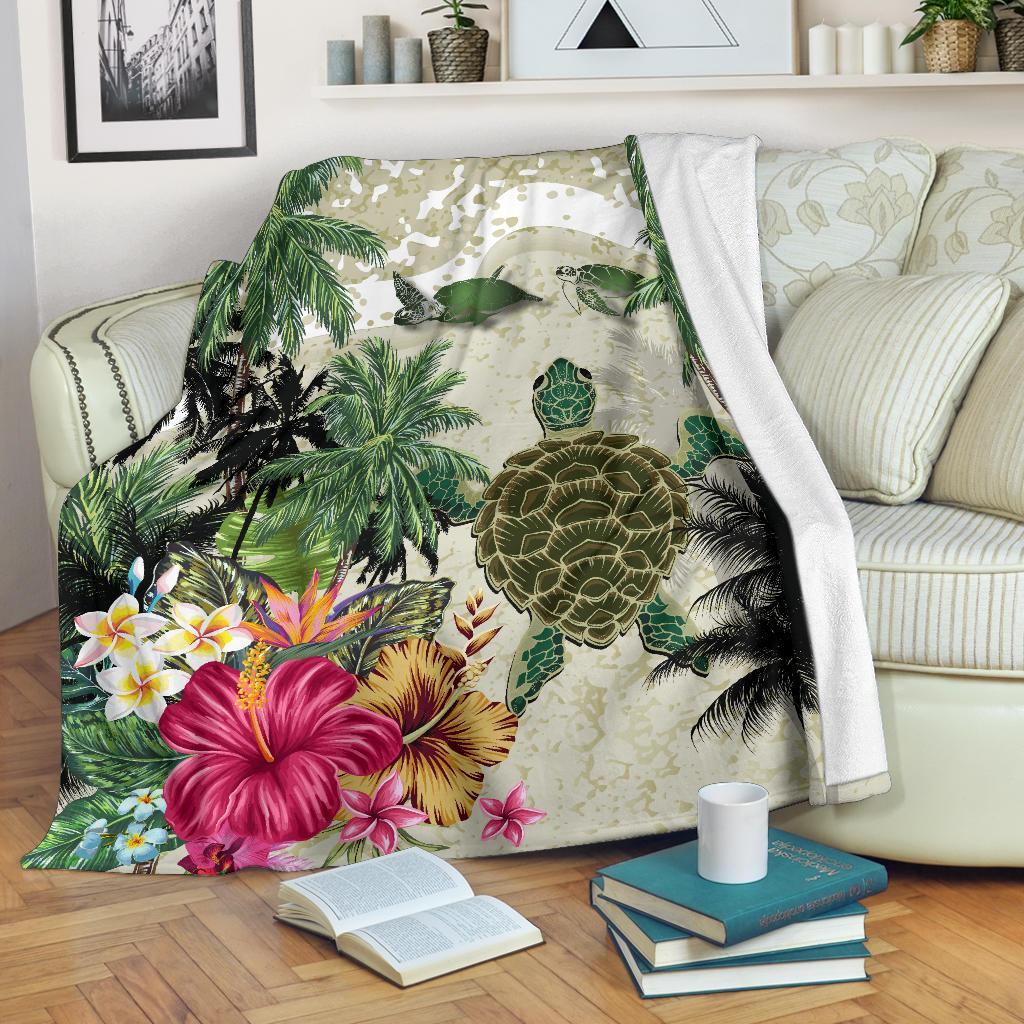 turtle-and-coconut-tree-premium-blanket-hibiscus-and-turtle-on-the-beach