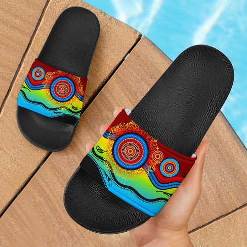 slide-sandals-flowers-circle-dot-painting-blue-dream-black