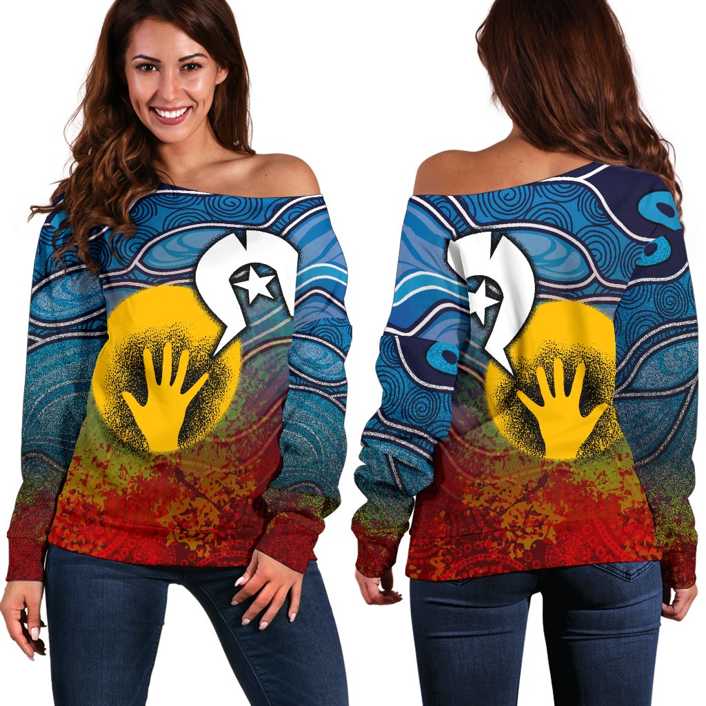 Aboriginal Women's Off Shoulder Sweater - Aboriginal and Torres Strait Islanders Flag - Vibe Hoodie
