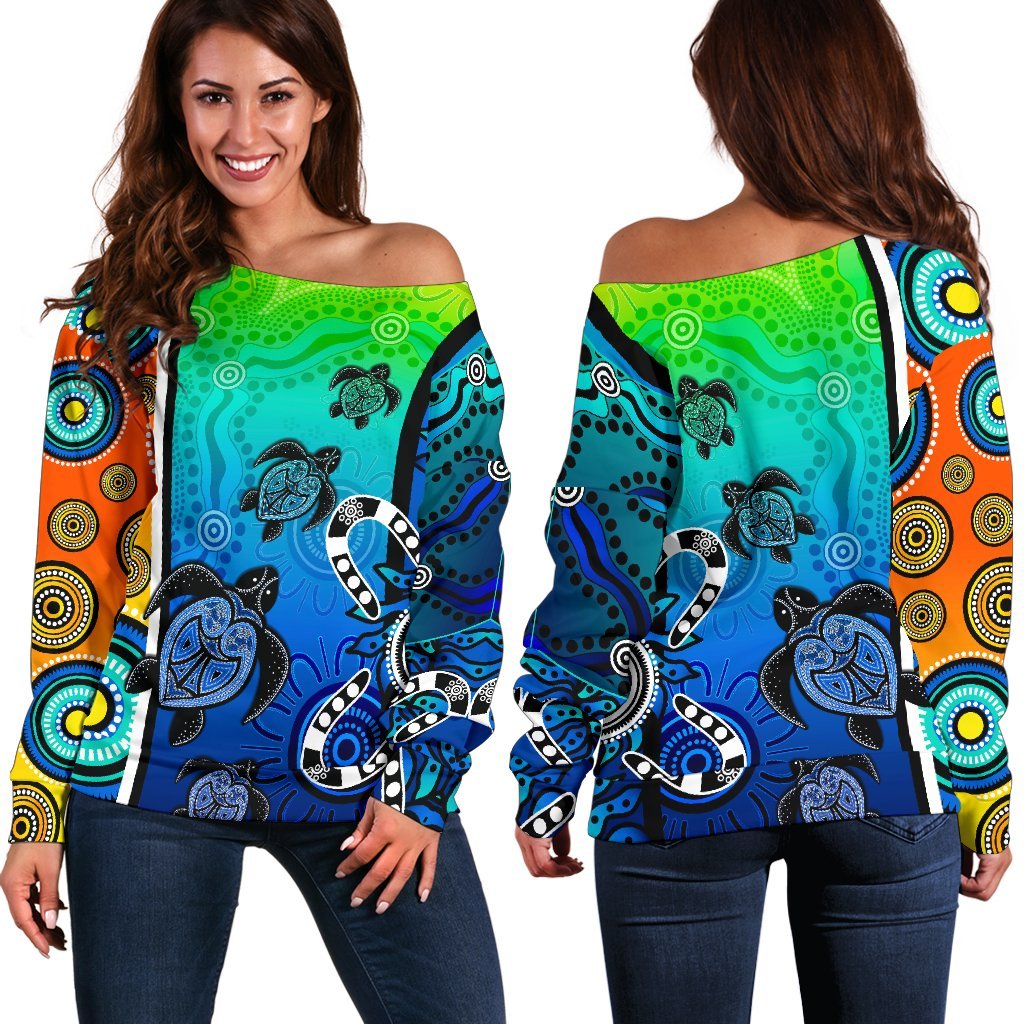 Aboriginal Women's Off Shoulder Sweater  - Indigenous Turtle Dot Painting Art - Vibe Hoodie