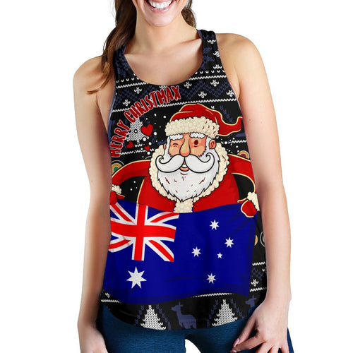 Christmas Women's Racerback Tank - Australia Santa Claus Hold The Flag ( Black) - Vibe Hoodie