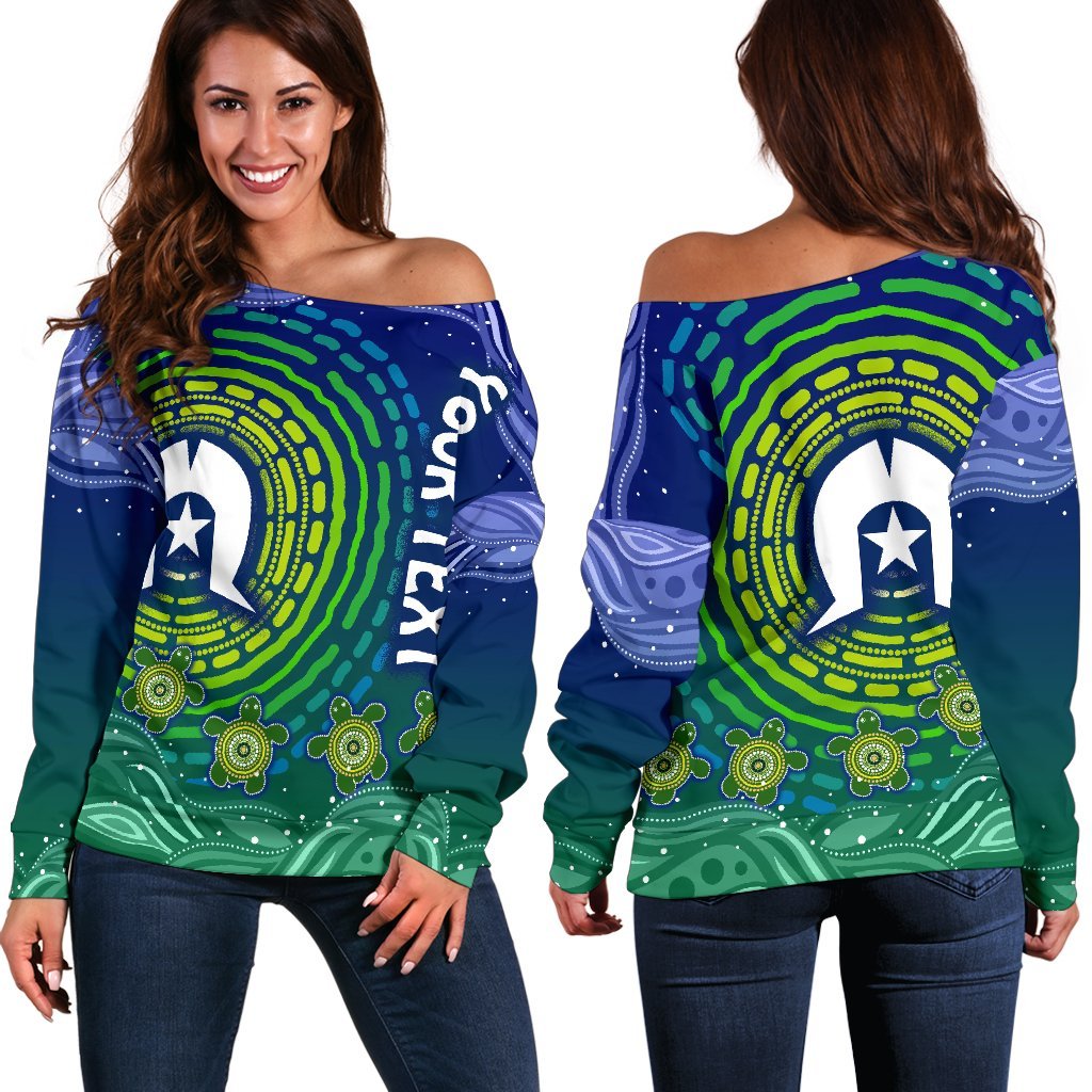 [Custom Text] Torres Strait Islanders Women's Off Shoulder Sweater - Aboriginal Turtle - Vibe Hoodie