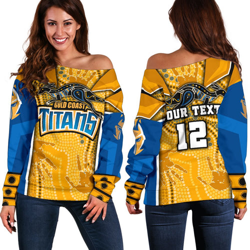 (Custom Personalised) Titans Women's Off Shoulder Sweater Gold Coast Aboriginal Armor Version - Vibe Hoodie