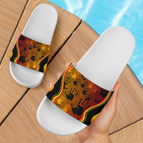slide-sandals-indigenous-rock-painting-hand-art-golden-style-white