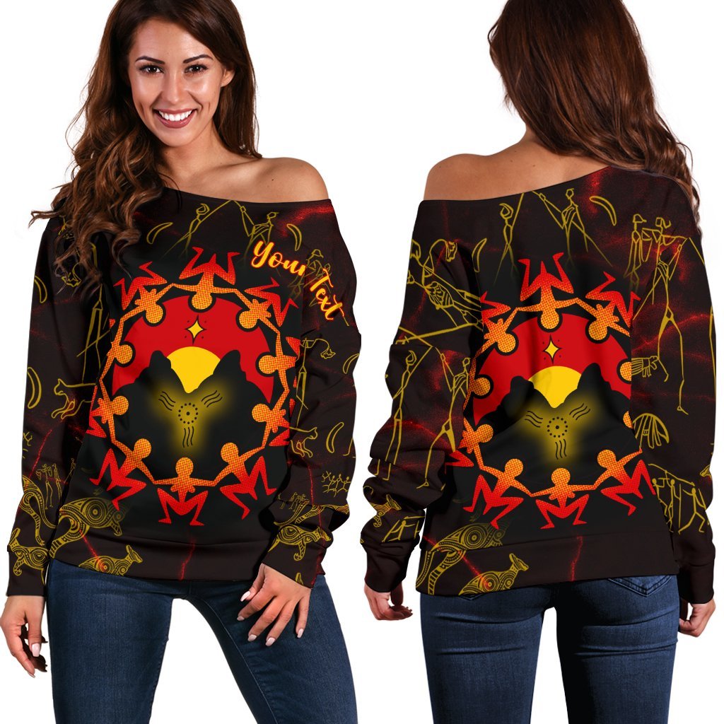 [Custom] Aboriginal Women's Off Shoulder Sweater - Australia Map and Indigenous Flag - Vibe Hoodie