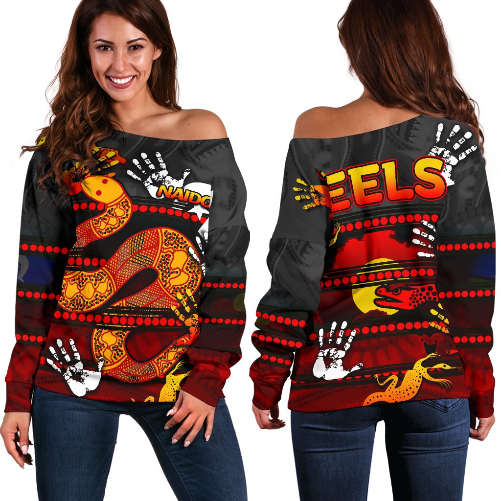Naidoc Parramatta Eels Women's Off Shoulder Sweater Aboriginal Patterns Style Black - Vibe Hoodie