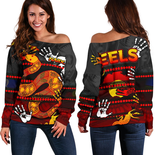 Naidoc Parramatta Eels Women's Off Shoulder Sweater Aboriginal Patterns Style Black - Vibe Hoodie