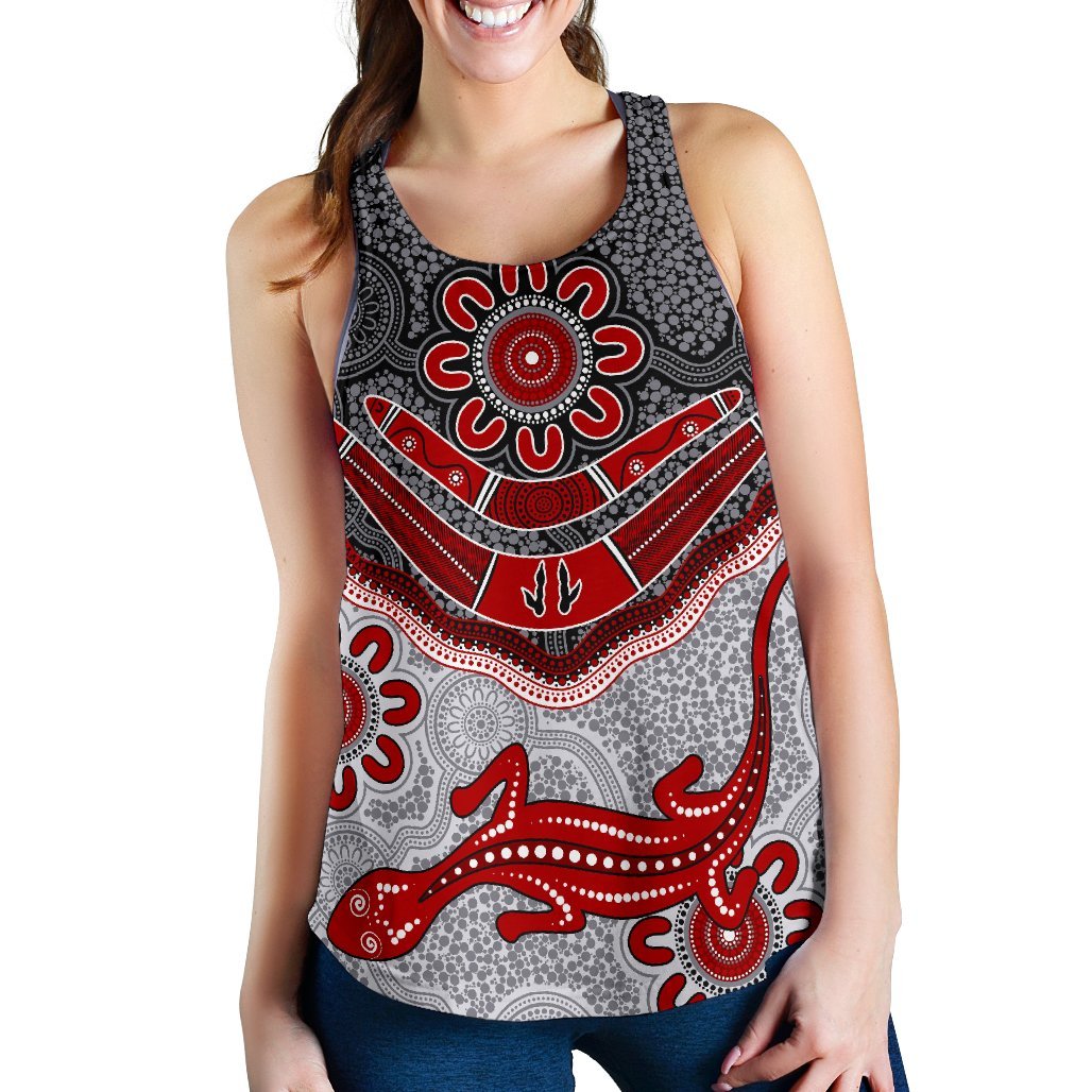Aboriginal Women's Racerback Tank - Indigenous Boomerang and Lizard Art - Vibe Hoodie