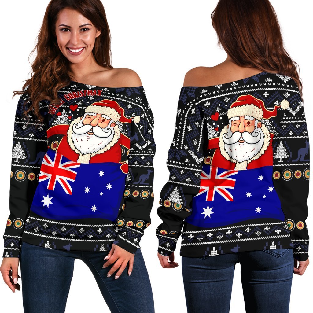 Christmas Women's Off Shoulder Sweater - Australia Santa Claus Hold The Flag ( Black) - Vibe Hoodie