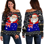 Christmas Women's Off Shoulder Sweater - Australia Santa Claus Hold The Flag ( Black) - Vibe Hoodie