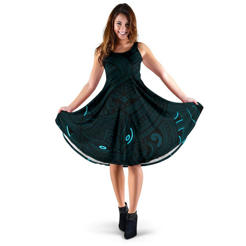 New Zealand Maori Gods Women Midi Dress Tumatauenga (God of War) - Blue - Vibe Hoodie
