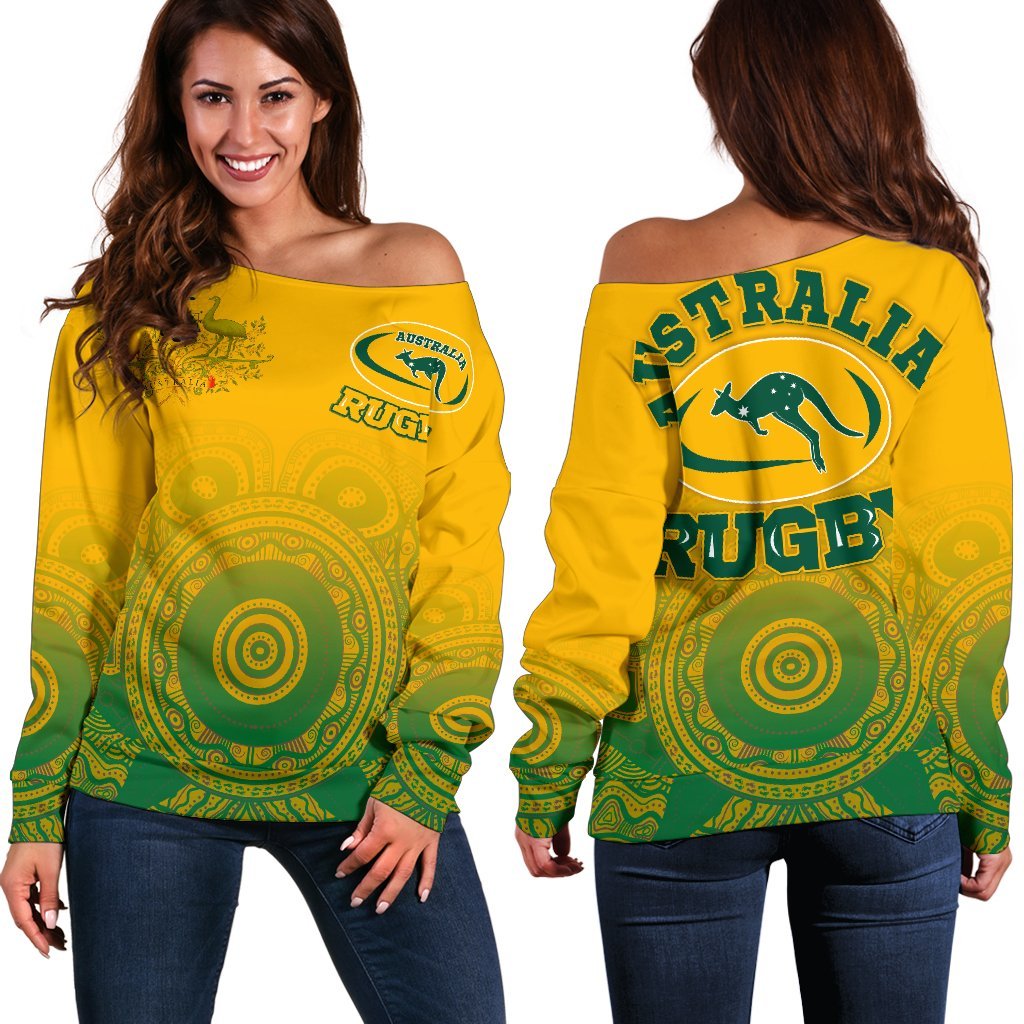 Aboriginal Women's Off Shoulder Sweater, Australia Rugby and Coat Of Arms - Vibe Hoodie
