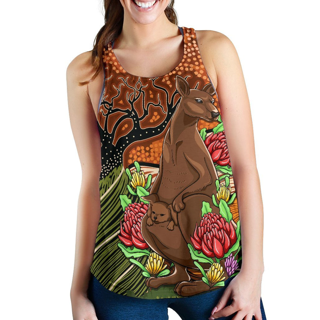 Aboriginal Women's Racerback Tank - Kangaroo With Indigenous Tree - Vibe Hoodie