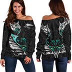 New Zealand Off Shoulder Sweater Manaia Paua Fern Wing - White - Vibe Hoodie