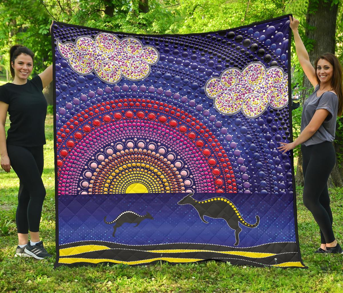 aboriginal-premium-quilt-sunset-over-the-sea-and-kangaroo-dot-painting