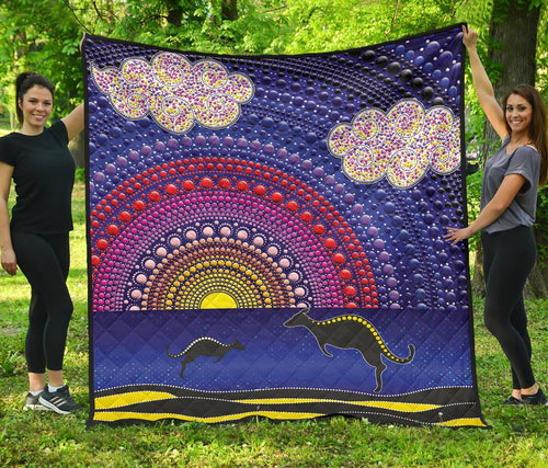 aboriginal-premium-quilt-sunset-over-the-sea-and-kangaroo-dot-painting