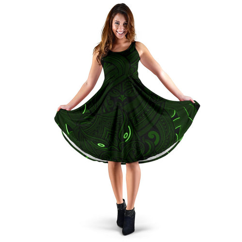 New Zealand Maori Gods Women Midi Dress Tumatauenga (God of War) - Green - Vibe Hoodie