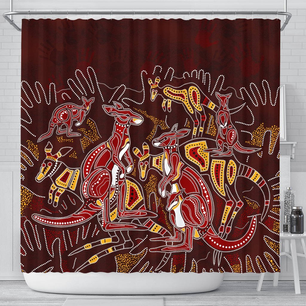 aboriginal-shower-curtain-kangaroo-family-with-hand-art