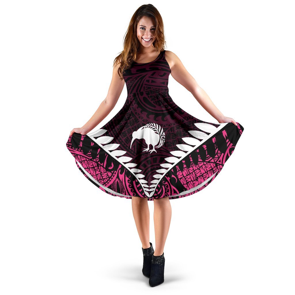 Kiwi Silver Fern Classic Zip Up Women Midi Dress Pink - Vibe Hoodie