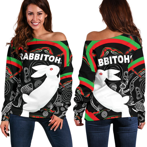 Rabbitohs Women Off Shoulder Sweater Indigenous Mystery Vibes - Vibe Hoodie