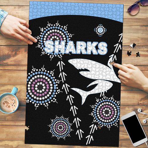 cronulla-premium-wood-jigsaw-puzzle-sharks-simple-indigenous-black