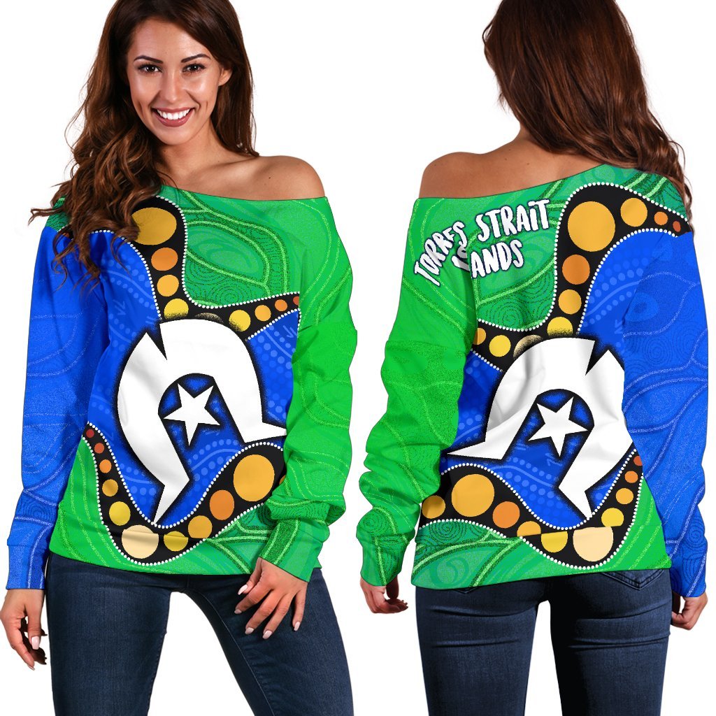 Torres Strait Islands Women's Off Shoulder Sweater -  Flag with Aboriginal Patterns - Vibe Hoodie