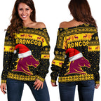 Brisbane Women Off Shoulder Sweater Broncos Christmas Unique Vibes - Black - Vibe Hoodie