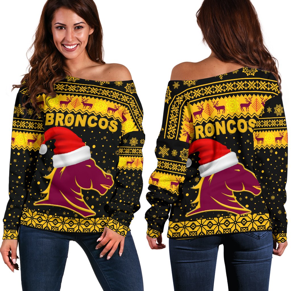 Brisbane Women Off Shoulder Sweater Broncos Christmas Unique Vibes - Black - Vibe Hoodie