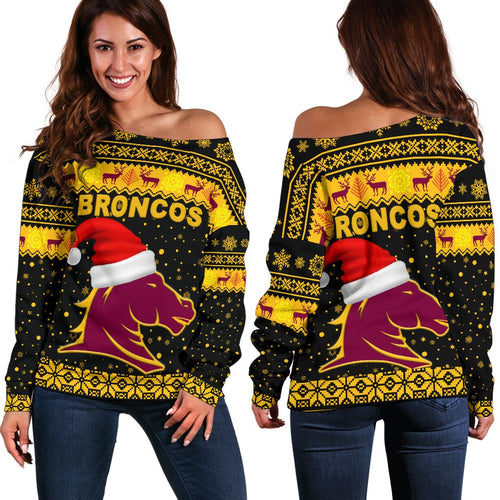 Brisbane Women Off Shoulder Sweater Broncos Christmas Unique Vibes - Black - Vibe Hoodie