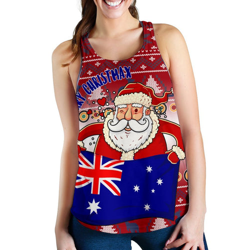 Christmas Womens Racerback Tank - Australia Santa Claus Hold The Flag ( Red) - Vibe Hoodie