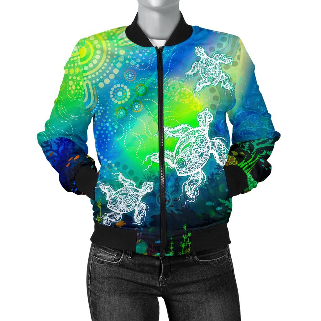 aboriginal-womens-bomber-jacket-indigenous-turtle-ocean-dot-painting-art
